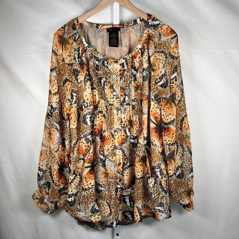 Grace Elements Monarch Butterfly Blouse Size XL Chiffon Teacher Yellow Orange